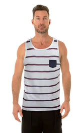 Uzzi pocket tank top white cotton tank top with navy blue horizontal stripes and a matching left chest pocket