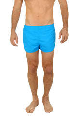 Bright blue Uzzi running short swim trunks with a simple design and a small logo on the lower right leg