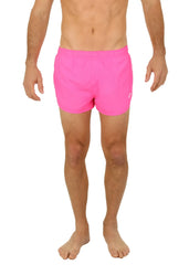 Uzzi running short bright pink swim trunks with elastic waistband and subtle white logo on the side