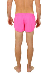 Bright pink uzzi running short swim trunks with a simple elastic waistband for comfortable active wear