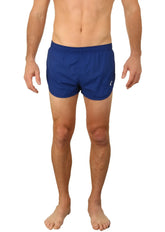 Royal blue uzzi running shorts with a subtle white logo on the lower right leg designed for athletic use