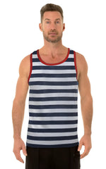 Men’s UZZI tank top with navy and white stripes and red trim, lightweight and perfect for casual summer wear