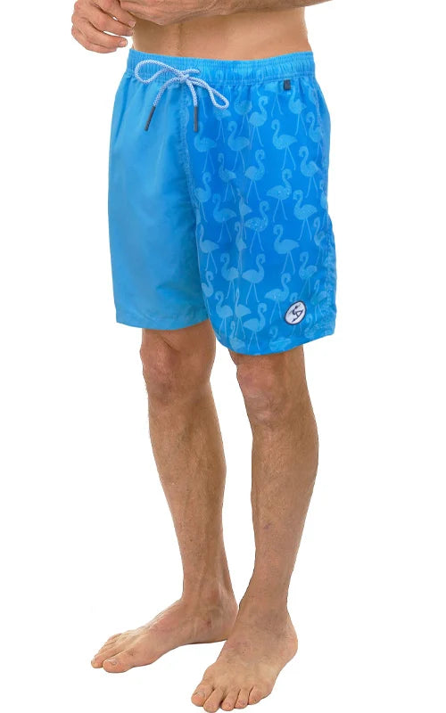 Bright blue water activated swim short with subtle flamingo pattern and white drawstring for swimming use