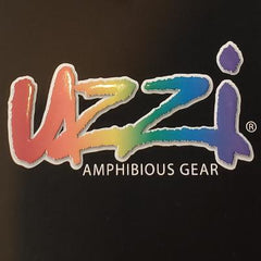 Rainbow-colored uzzi logo sticker with amphibious gear text on the back of anchor s/s shirt