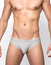 Gray v10 core bikini briefs with subtle logo on waistband made from soft breathable fabric