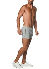 Gray vault gym-tech stretch shorts with heat weld black side zipper detail for athletic use