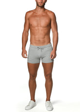Gray vault gym-tech stretch shorts with heat weld zippers and drawstring waistband for athletic use