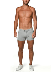 Gray vault gym-tech stretch shorts with heat weld zippers and drawstring waistband for athletic use