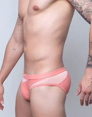 Pink VB13 swim brief with sheer mesh panel and small gold logo on waistband athletic briefs product image