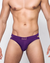 Purple men’s swim briefs with gold-toned double-ring belt buckle from VB21 BLK LABEL in a sleek design