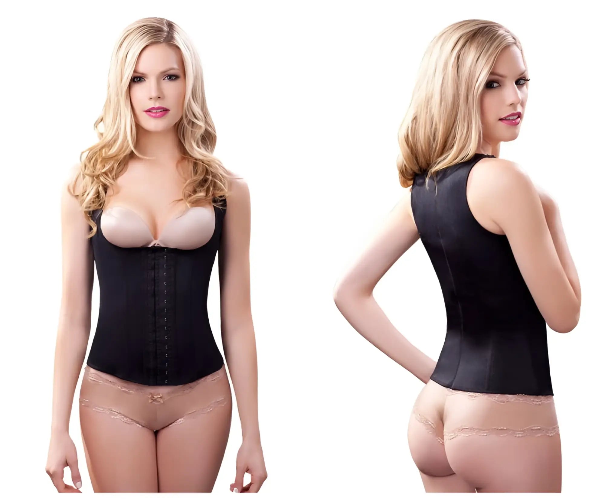Black sleeveless Vedette 100A Rebecca under bust waist cincher with vertical zipper and lace trim waistband