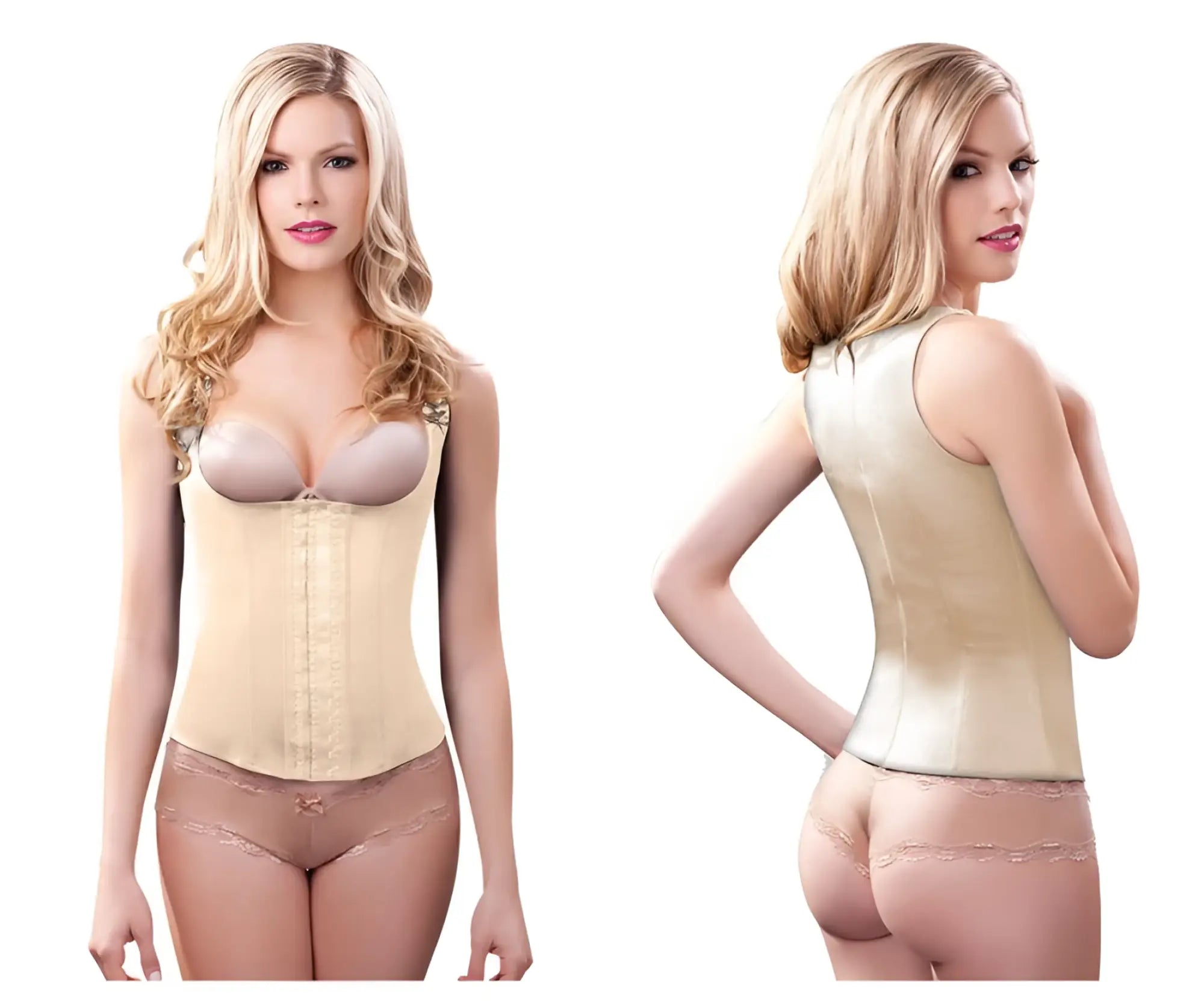 Beige satin vedette 100a rebecca under bust waist cincher with front closure and matching lace trimmed underwear
