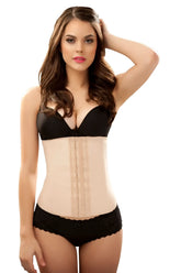 Beige vedette 102 valerie latex waist cincher with black lace trim and adjustable side straps for waist shaping
