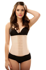 Beige vedette 102 valerie latex waist cincher with black lace trim and adjustable side straps for waist shaping