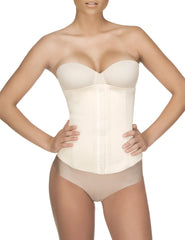 Cream-colored vedette 103 renee waist cincher nude plus strapless corset with structured design and front button closure