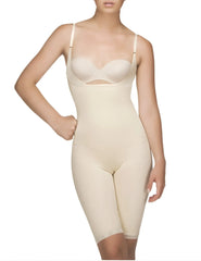 Beige vedette 104 stephanie full body shaper with thin straps and lace trim in nude seamless fabric