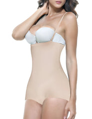 Beige nude vedette 123 lillian strapless body shaper with adjustable straps and light blue bra insert