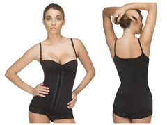 Black vedette 136 megane open bust bodysuit with lace trim featuring adjustable straps and a central zipper