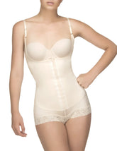 Beige Vedette 136 megane open bust bodysuit with lace trim adjustable straps and central zipper body shaper