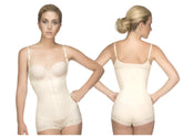 Cream-colored vedette 136 megane open bust bodysuit with lace trim adjustable straps and front zipper closure