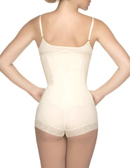 Cream-colored vedette 136 megane open bust bodysuit with delicate lace trim and thin spaghetti straps in nude
