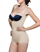 Vedette 138 Lillian high-back nude body-shaping bodysuit with a beige body and black satin bra insert