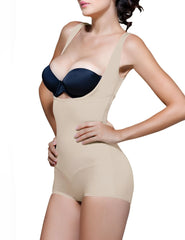 Beige vedette 138 lillian high-back underbust body shaper with black satin bra insert and body-shaping fit