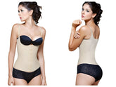 Beige latex underbust waist cincher with black lace trim and matching black bra cup vedette 200 renee nude