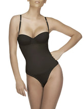 Black seamless Vedette 211 Nadine strapless bodysuit with thin adjustable straps in thong style front view