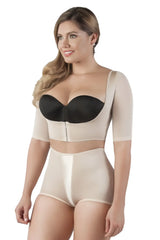 Beige and black vedette 3133 arm compression vest two-piece shapewear set with short sleeve top and high-waisted shorts