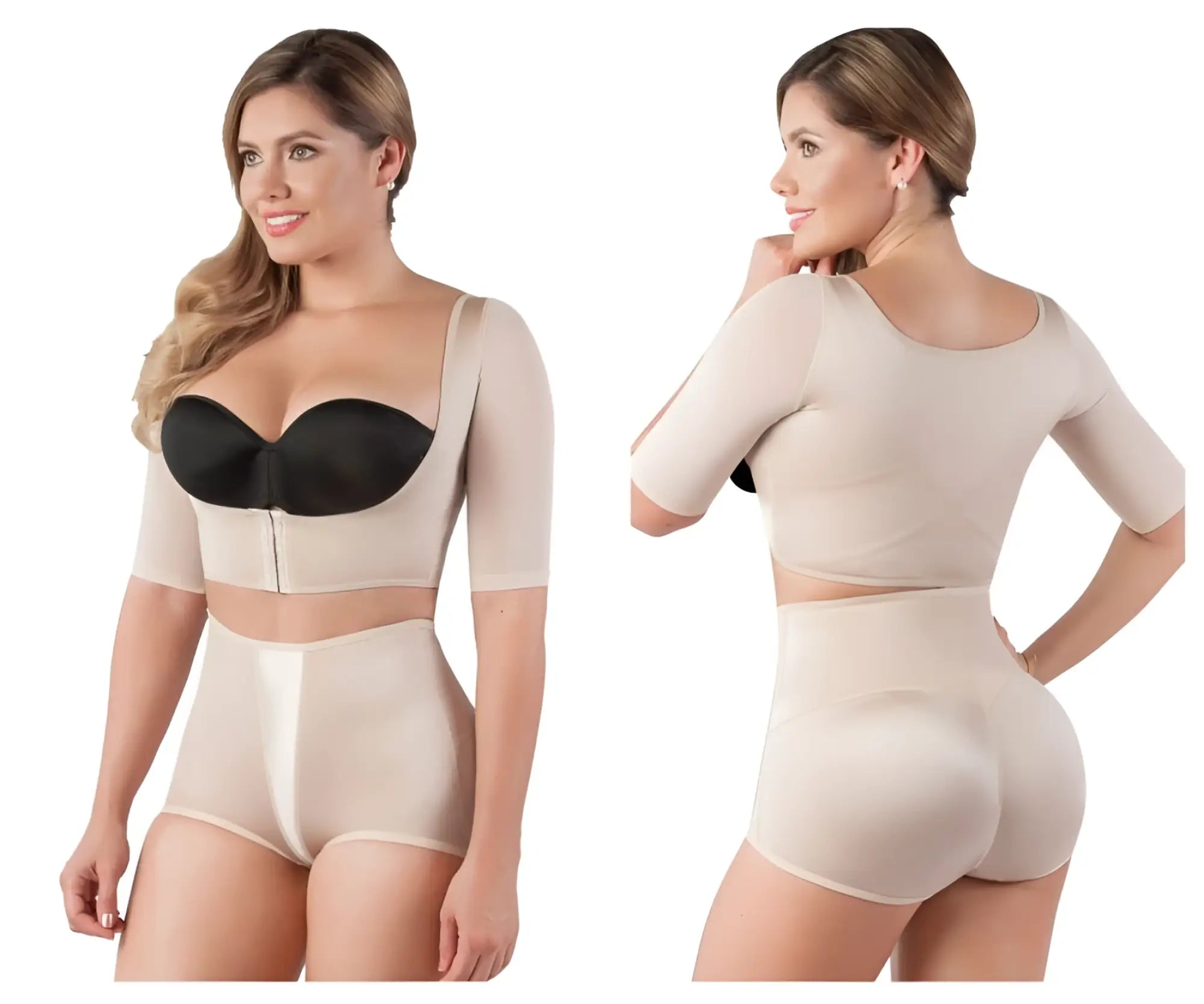 Beige Vedette 3133 arm compression vest shapewear set with black bra cups and high-waisted shorts for shaping
