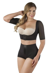 Black and beige vedette 3133 two-piece body shaper set with mesh sleeves and central zipper on top