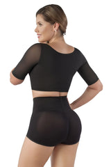 Black sheer mesh vedette 3133 arm compression vest with three-quarter sleeves and matching high-waisted shorts