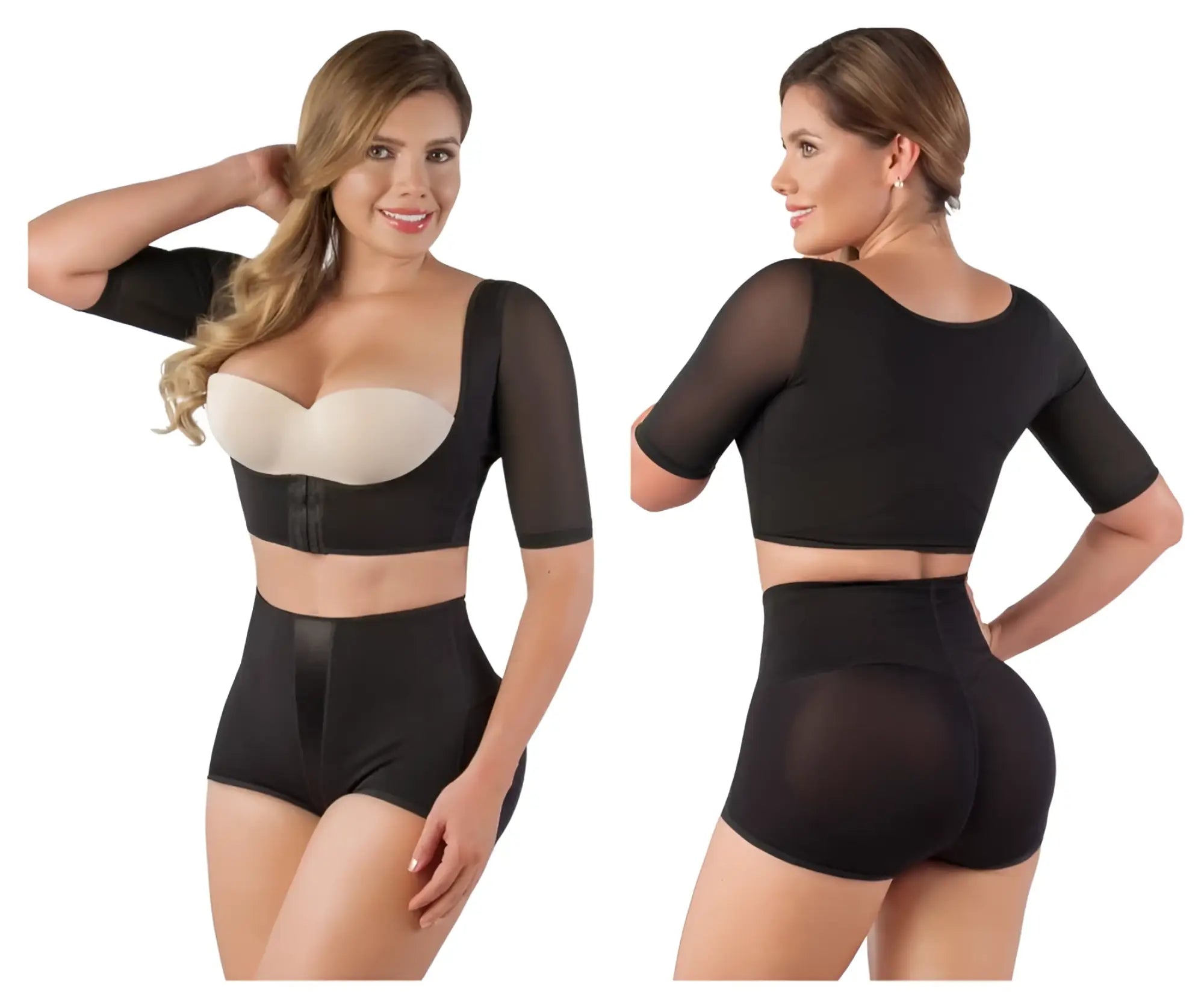 Black vedette 3133 arm compression vest with three-quarter sleeves and matching high-waisted shapewear shorts