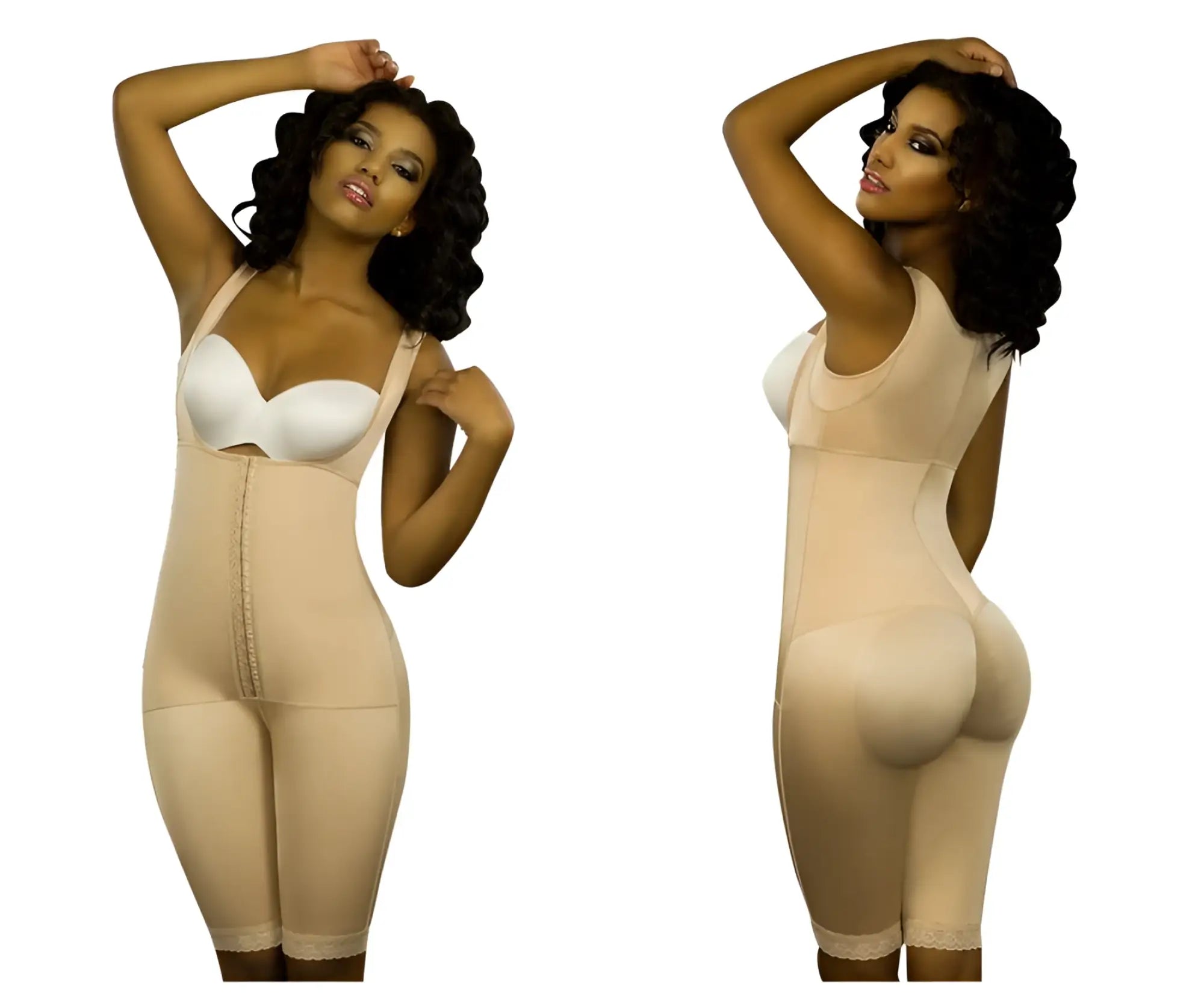 Beige nude vedette 350 marcelle high back full body shaper with front zipper and lace trim at hem