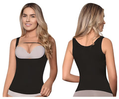 Vedette 5086 firm control tank-top in black with black and gray seamless body-shaping fabric and structured bust panel