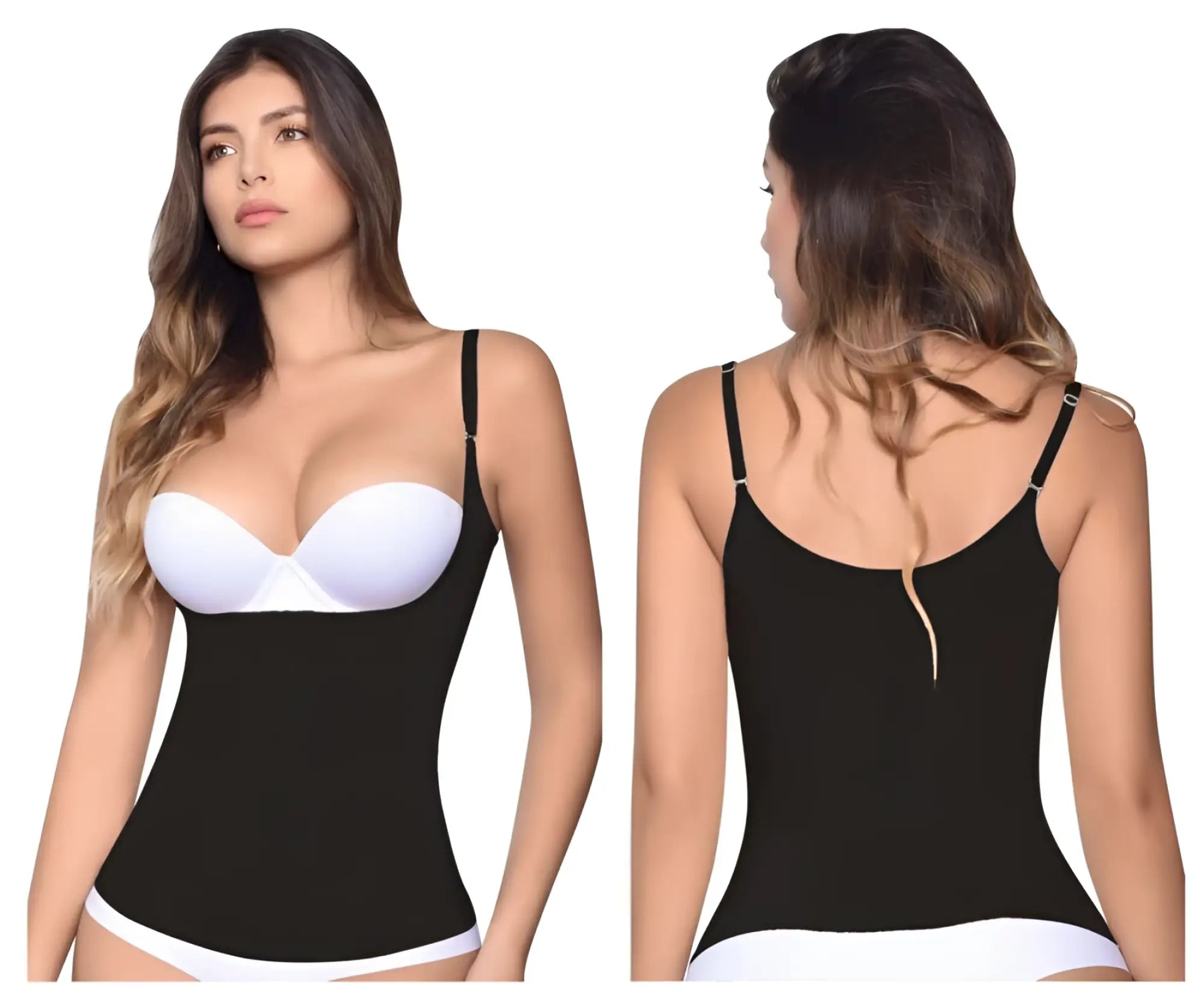 Black and white vedette 5087 firm control tank-top shapewear bodysuit with thin straps and built-in bra cup