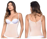 Beige vedette 5087 firm control tank-top with underwire bra, white straps, and matching white trim in nude color