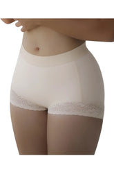 Cream-colored high-waisted underwear with delicate lace trim along the leg openings.