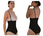Black vedette 5108 strapless body shaper bodysuit with thin straps and white underwire bra insert