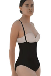 Black and white one-piece bodycon swimsuit with thin straps and vedette 5108 strapless body shaper butt lifter in black