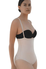 Black and beige vedette 5108 strapless body shaper with thin straps and butt lifter in nude color shown from the back