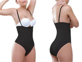 Black vedette 905 anastasia strapless waist nipper shapewear bodysuit with thin straps and white underwire bra insert