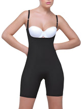 Black Vedette 914 Amelie open bottom mid thigh shapewear bodysuit with thin straps and white underwire bra