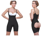 Black vedette 914 amelie open bottom mid thigh shapewear bodysuit with thin straps and white bra insert