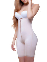 Beige vedette 945 jiselle mid thigh full body bodysuit with front zipper and subtle lace trim at hem
