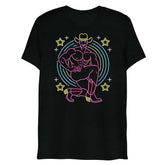 Black cotton t-shirt featuring a neon-style graphic of a muscular cowboy with stars and concentric circles titled vegas rick