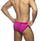 Velvet Shady bikini brief vibrant fuchsia lace briefs with textured pattern and solid pink trim front view