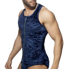 A navy blue velvet tank top with a central zipper detail called velvet shady tank top