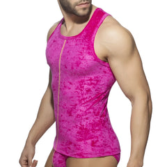 Vibrant pink velvet shady tank top for men with a central zipper and soft textured fabric